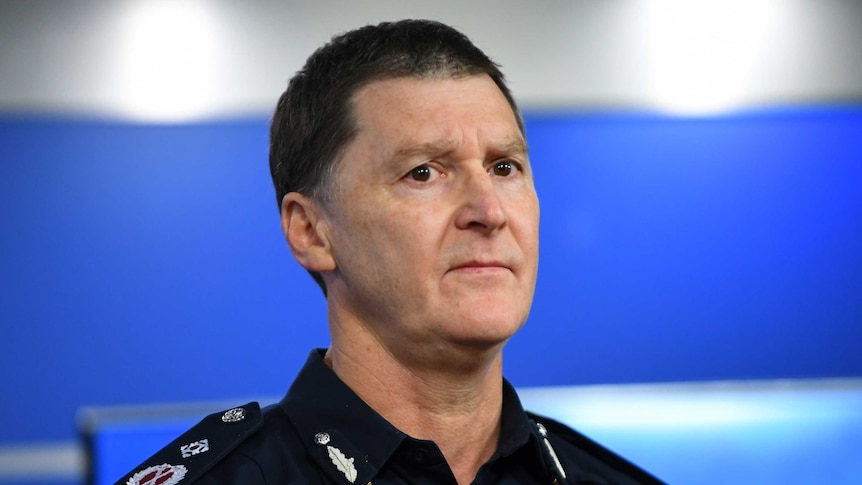 Shane Patton, a man with short dark hair, speaks to media in a Victoria Police uniform.
