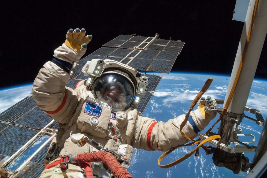 Cosmonaut Alexander Skvortsov on a spacewalk outside the ISS.