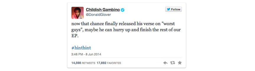 A 2014 tweet from Childish Gambino/Donald Glover hinting at the existence of  Chance collaboration