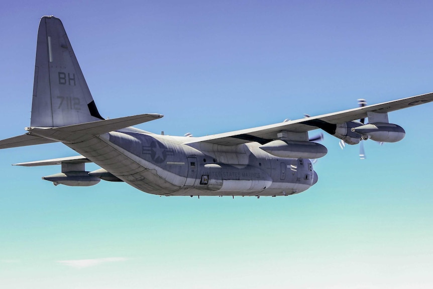 A KC-130J Super Hercules flies during a tactical navigation training flight