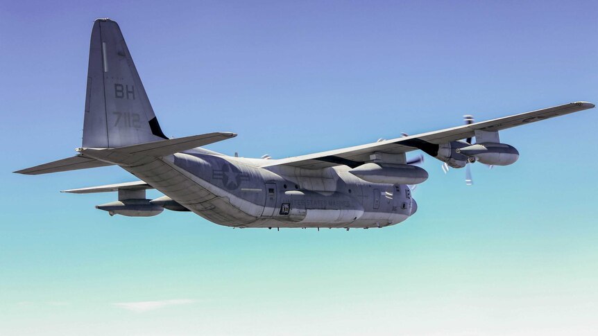 A KC-130J Super Hercules flies during a tactical navigation training flight