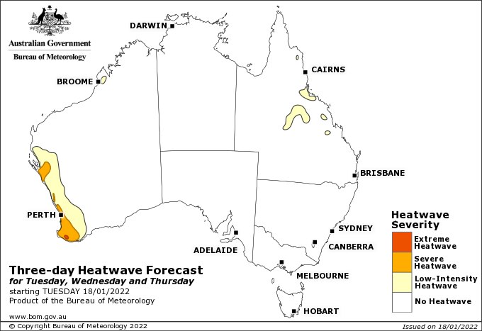 Map of Aus orange on west coast indicating severe heatwave conditions