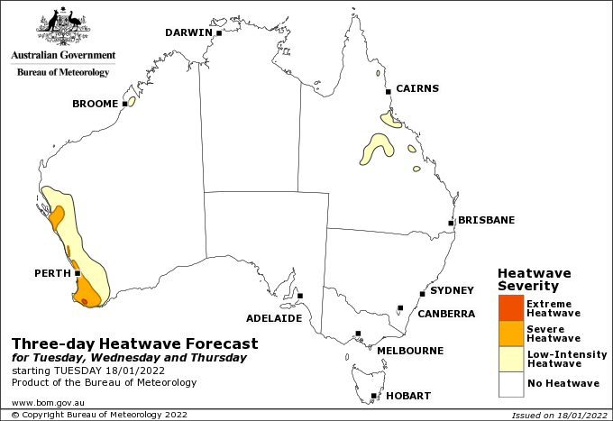 Map of Aus orange on west coast indicating severe heatwave conditions