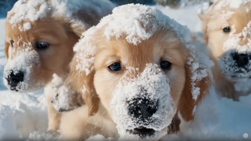Sora-generated video of puppies in the snow