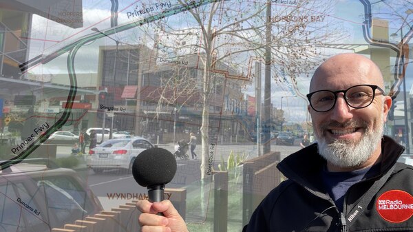 A composite image of Raf Epstein holding mic in front of transparent map on top of Point Cook shopping street.