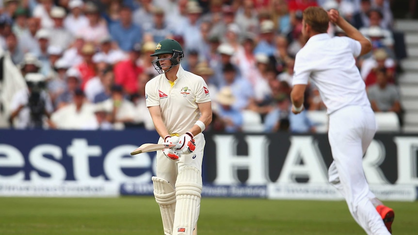 Australia's Steve Smith looks dejected after being dismissed by Stuart Broad at Trent Bridge.