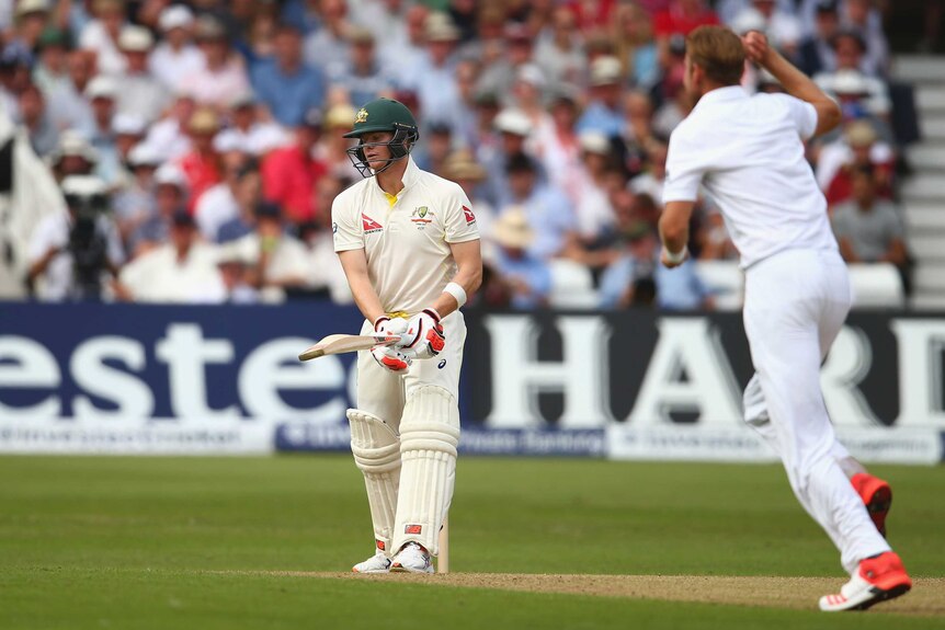 Australia's Steve Smith looks dejected after being dismissed by Stuart Broad at Trent Bridge.
