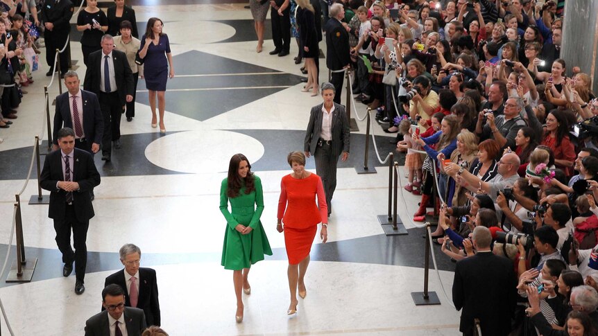 LtoR The Duchess of Cambridge and Margie Abbott, wife of Prime Minister Tony Abbott, at Parliament House.
