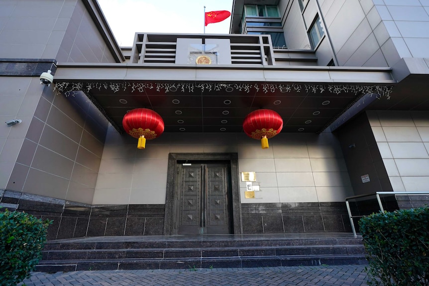 The flag of China flies outside the Chinese Consulate General in Houston