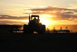 A tractor at sunset, working in the paddock.