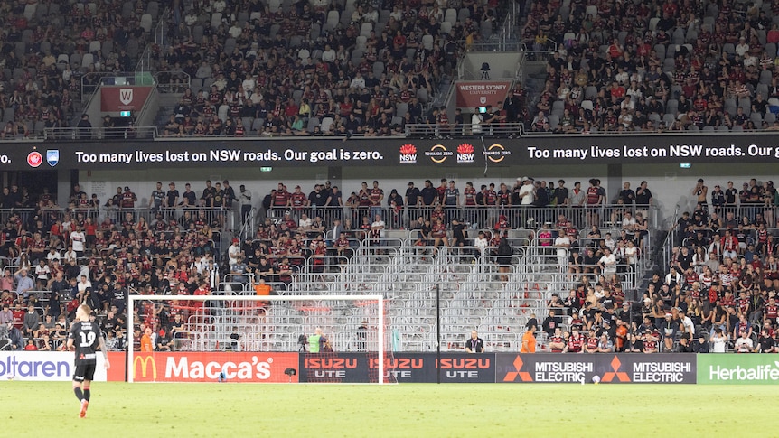 An empty section of the stands at an A-League game, vacated by Western Sydney Wanderers fan group Red and Black Bloc.