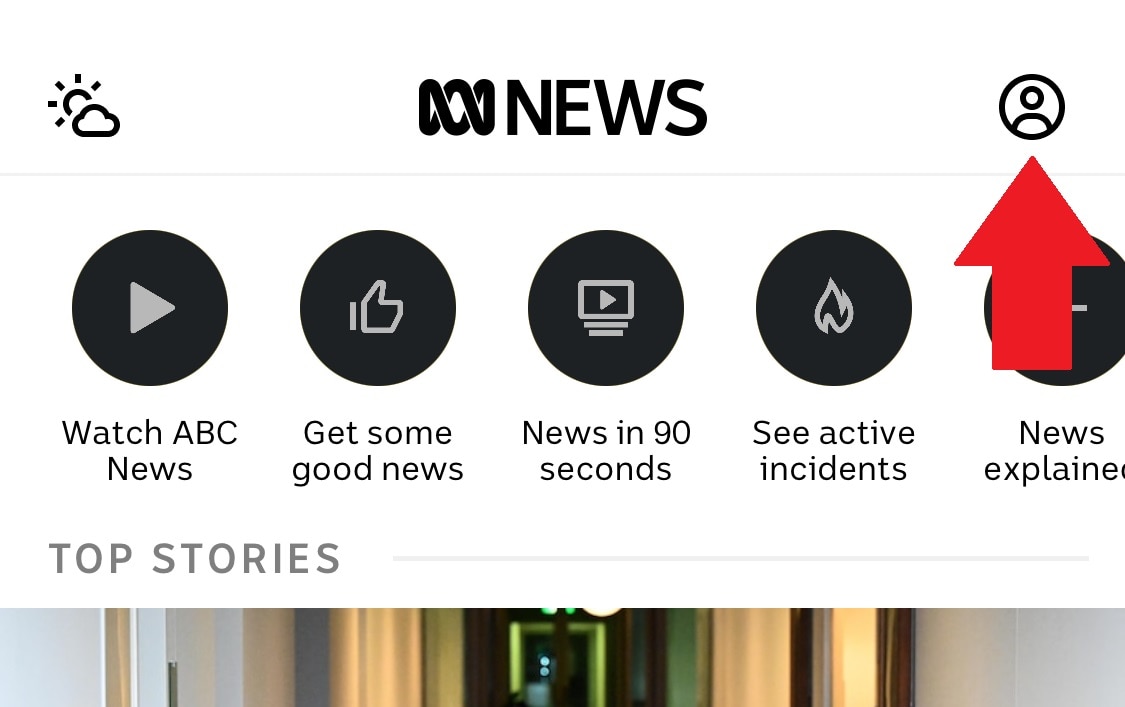 Screenshot of a red arrow pointing to the Settings button in the ABC News App.