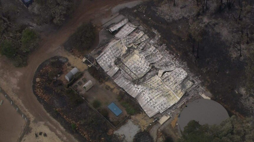 An aerial shot of some of the property destruction from the Wooroloo bushfire in Perth's east. February 2021