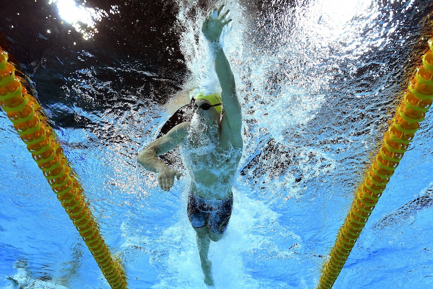 And underwater shot of Mack Horton swimming freestyle.