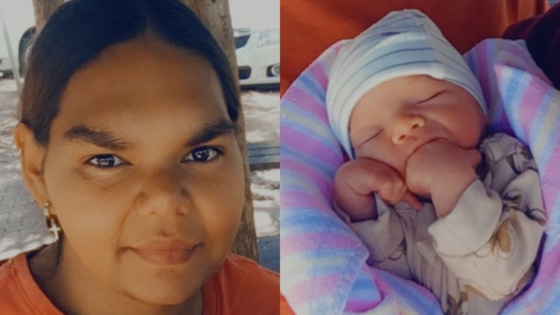 A composite image of a smiling young woman and a sleeping baby, side by side.