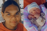 A composite image of a smiling young woman and a sleeping baby, side by side.