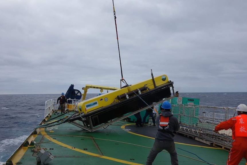 The towfish is hauled aboard from the ocean.