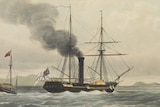 A lithograph of a steam and sail ship towing a smaller boat passed a military fort on a headland.