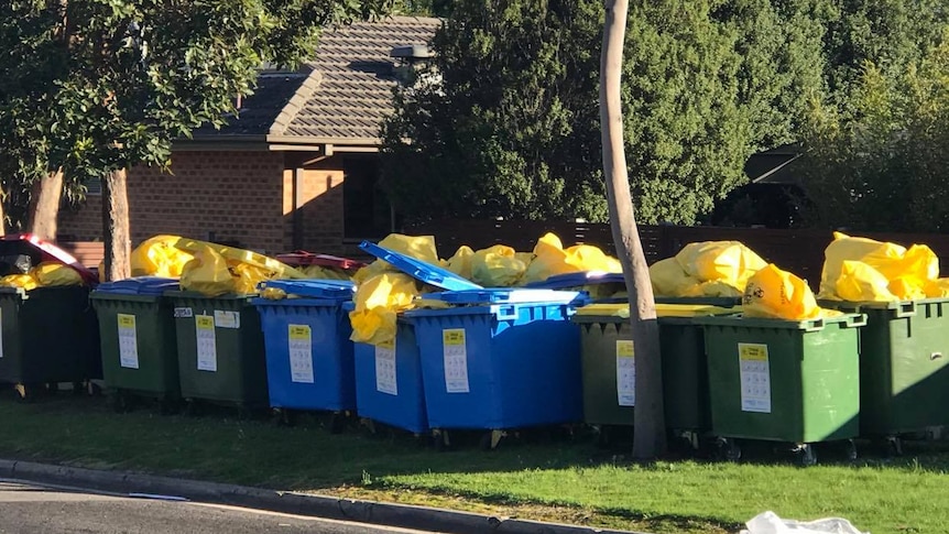 Yellow medical waste bags spill out of large skips on the sidewalk on a sunny day.