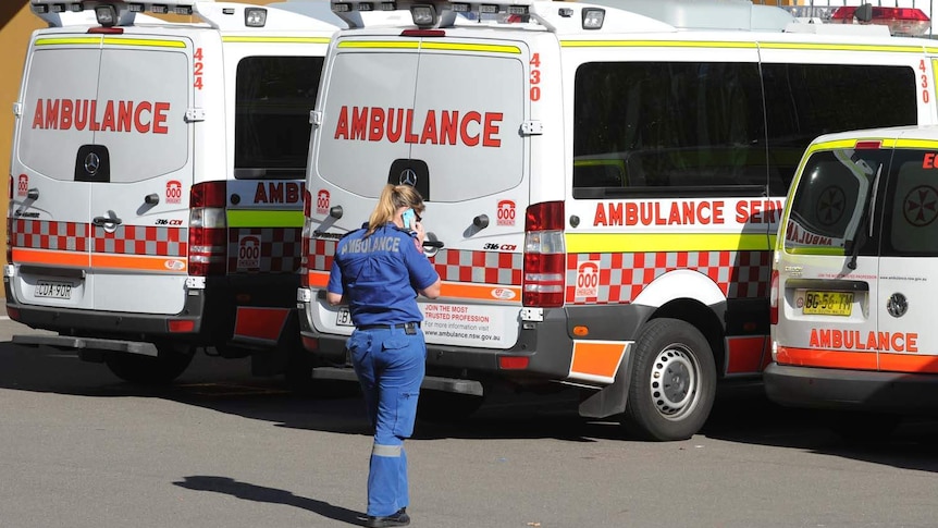 Ambulances parked at an emergency department