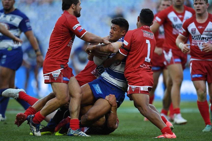 A group of rugby league defenders grab the man with the ball who is still struggling in the tackle.