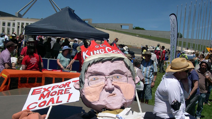 King Coal Kevin, part of the Walk Against Warming protest outside Parliament House Canberra.
