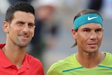 Novak Djokovic and Rafael Nadal pose for a photograph ahead of the 2022 French Open final.