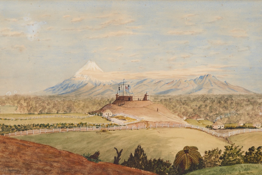 Watercolour of snowcapped mountain, fort in foreground.