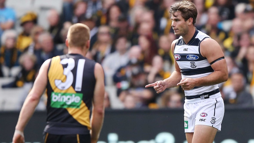 Geelong's Tom Hawkins signals his goal against Richmond at the MCG