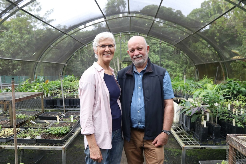 Woman in pink shirt and man in blue shirt smile as they stand in a nursery.