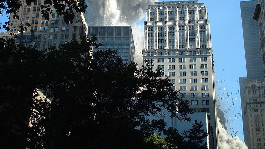 Debris flies from the World Trade Centre in New York during the September 11 terrorist attacks.