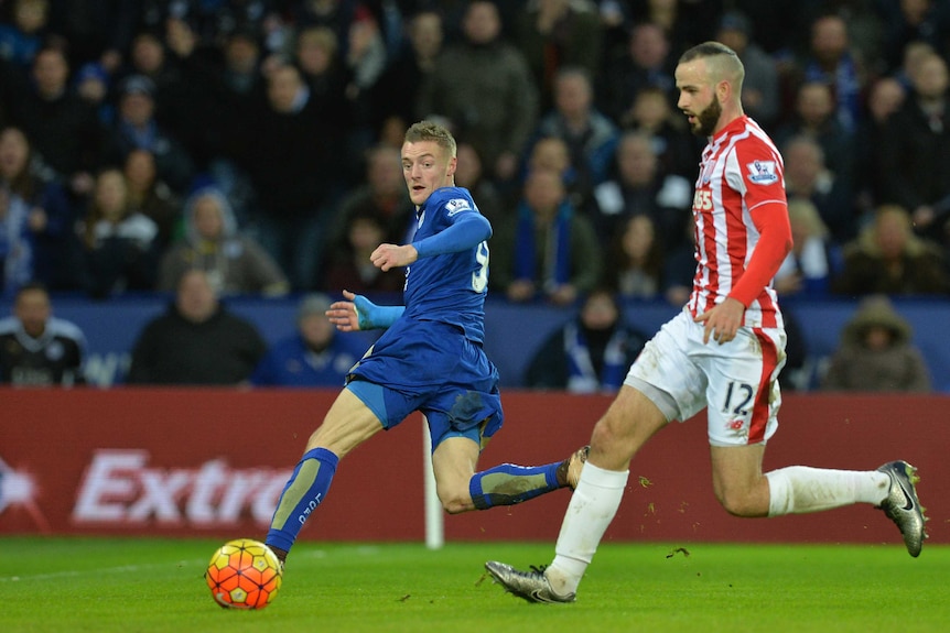 Leicester's Jamie Vardy scores past Stoke City defender Marc Wilson