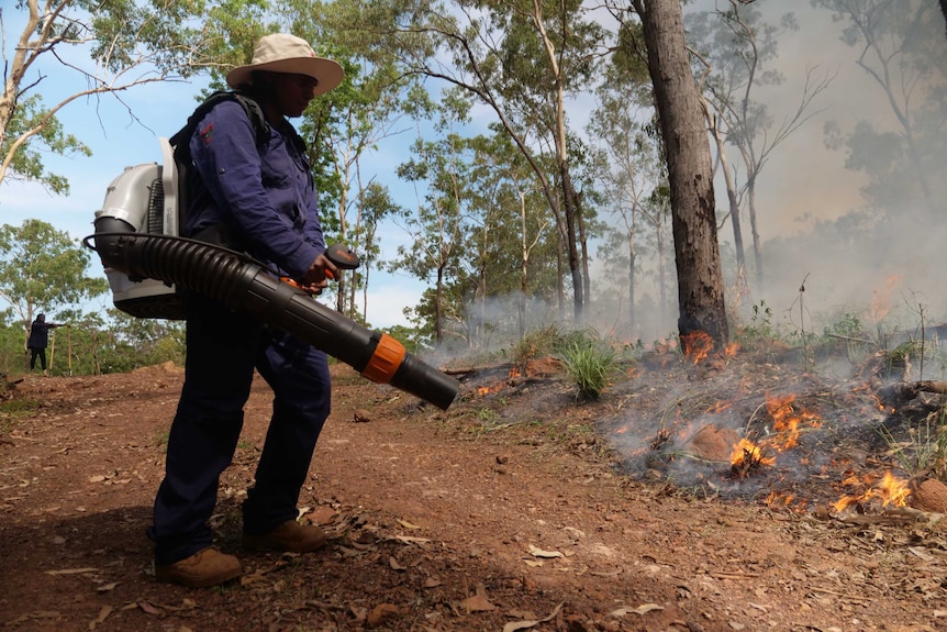 An indigenous ranger is using a blower in front of a bush fire near Wadeye, NT.