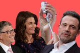 A collage of Bill and Melinda Gates, a person drawing a vaccine with a syringe and Ben Affleck. 