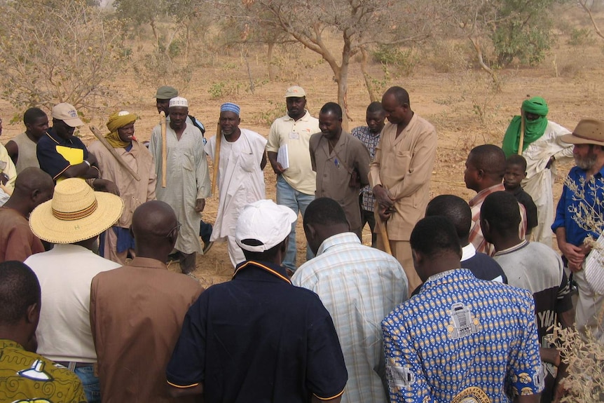 Project staff teach farmers how to practice FMNR in 2006.