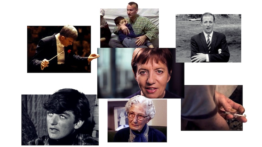 A collage of seven tv stills of men and women interviewed or reporting for Four Corners. There is also a syringe being injected 