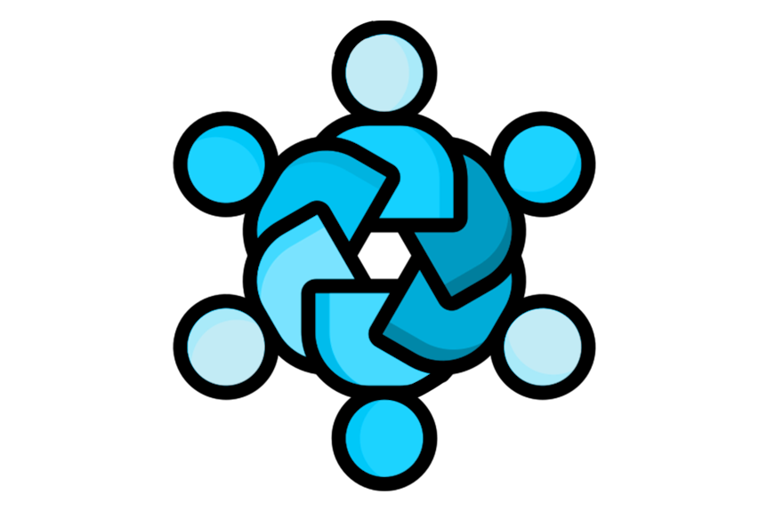 Синее изображение круга, состоящего из людей, над текстом «Сообщество».