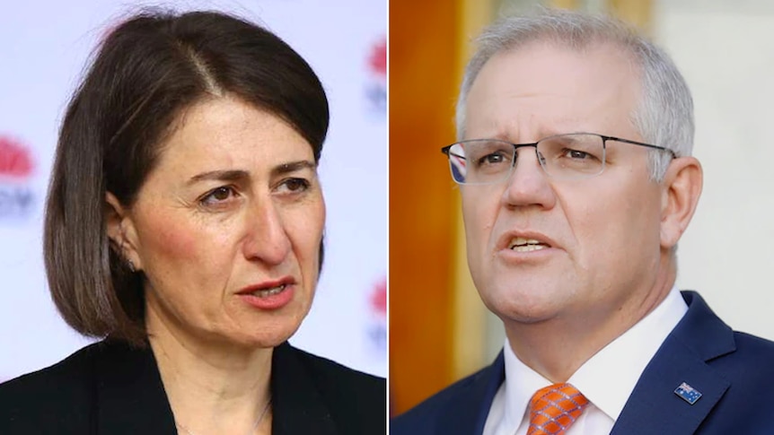 Side by side photos of Glayds Berejiklian and Scott Morrison at press conferences