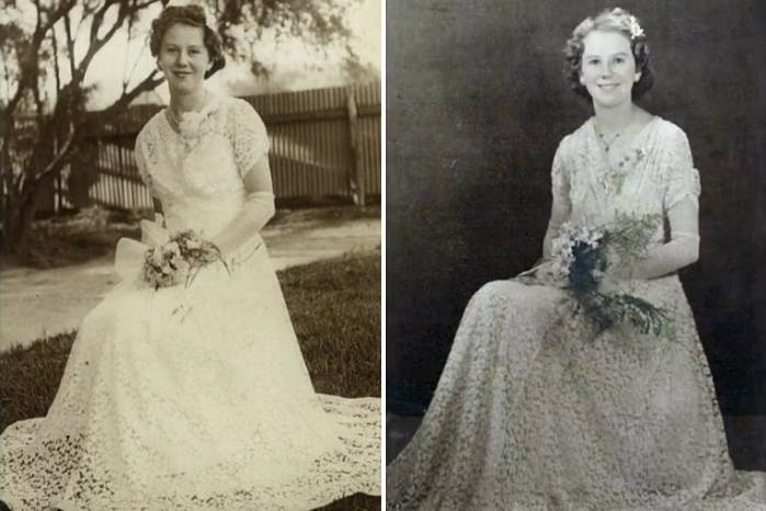 An old photo of a young woman in debutant clothing 