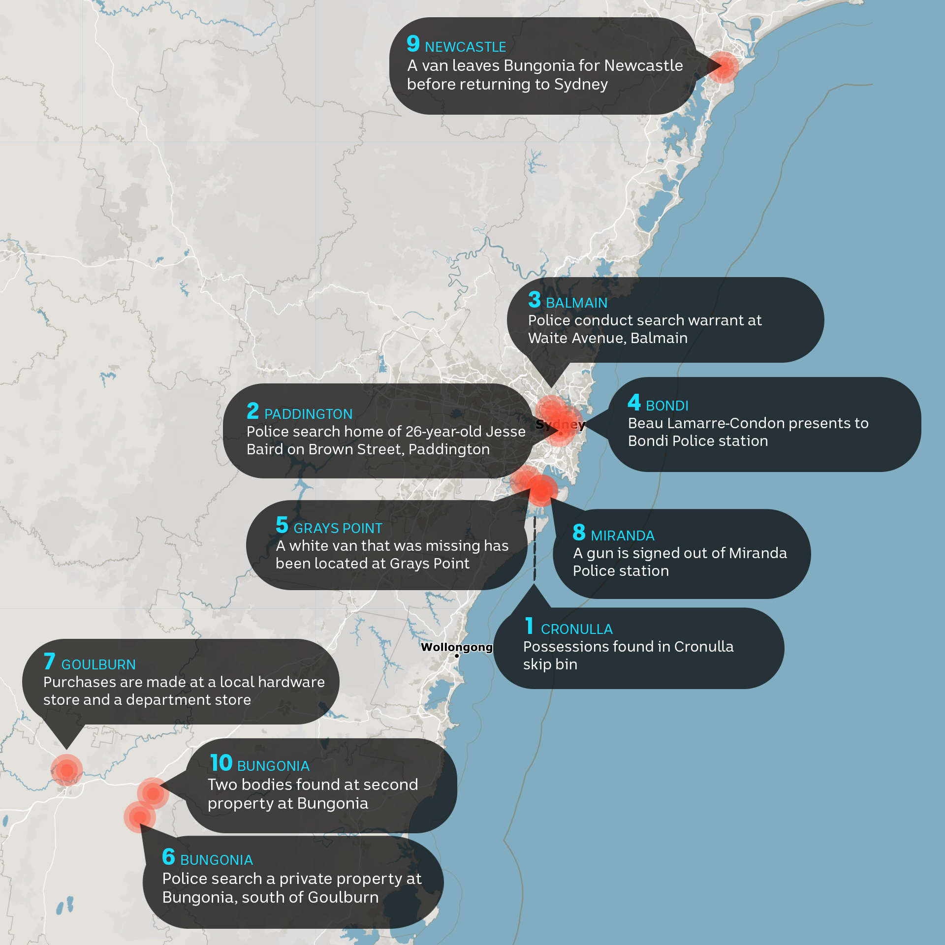 A map of Greater Sydney with several areas highlighted with text boxes explaining the location