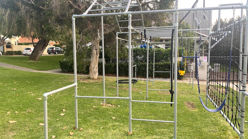 Metal play equipment on a grassed verge in a residential street.