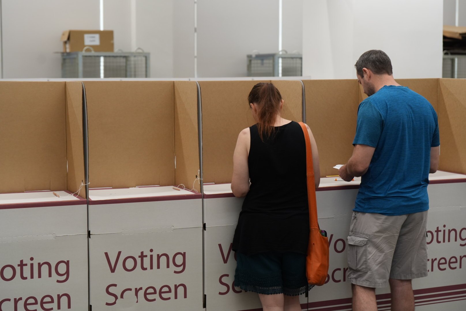 The back of a woman and man at a polling booth.