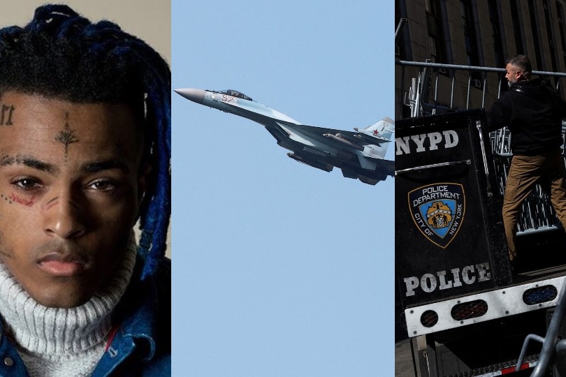 A collage image of XXXTentacion, military jet and New York police.