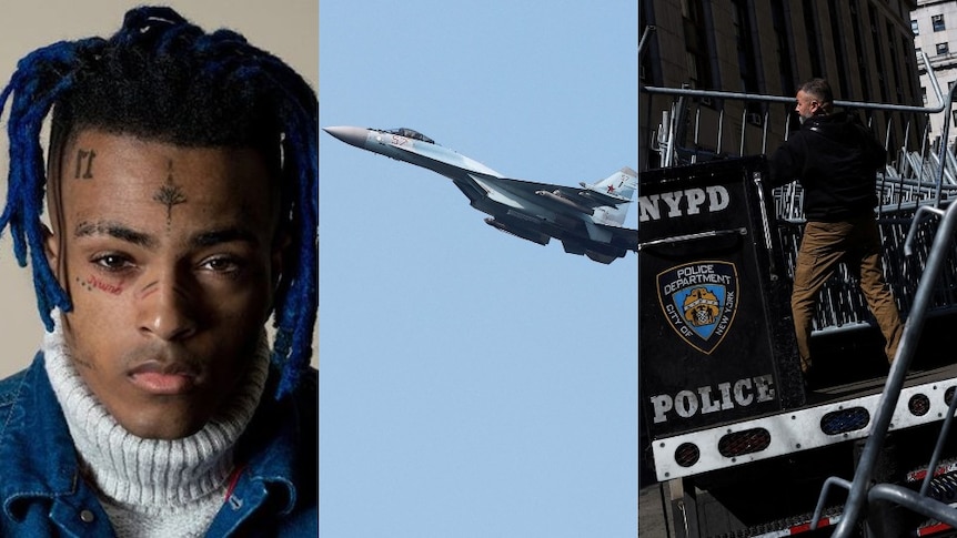 A collage image of XXXTentacion, military jet and New York police.