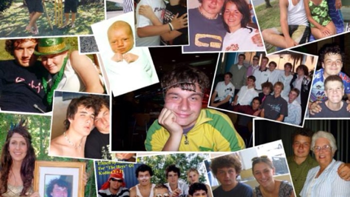 A collage of photos of a young man with family and friends.