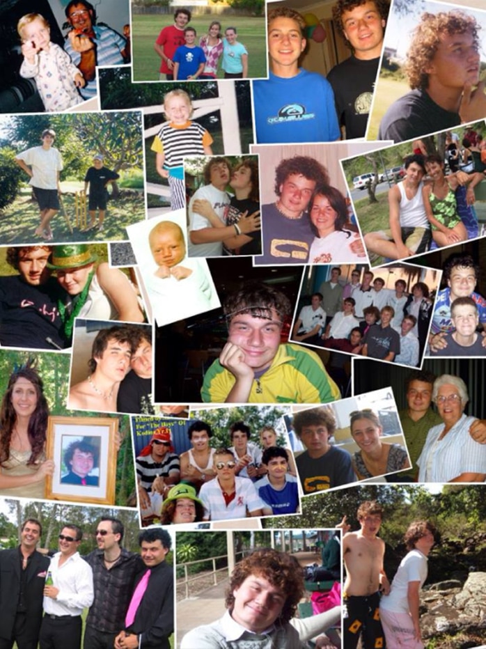 A collage of photos of a young man with family and friends.