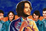 An illustration of the five members Powderfinger in the same colours and style as the cover of their album Internationalist