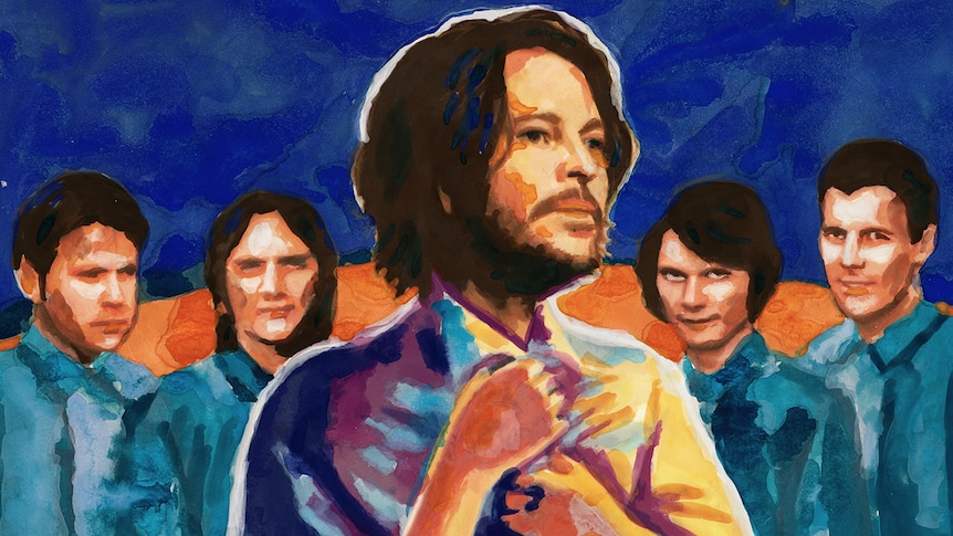 An illustration of the five members Powderfinger in the same colours and style as the cover of their album Internationalist