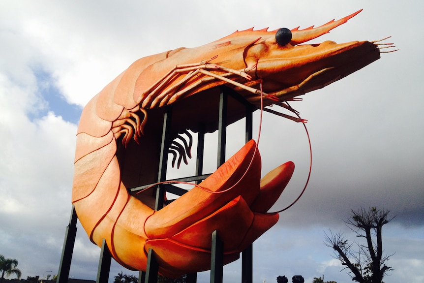 a roadside sculpture of a giant prawn