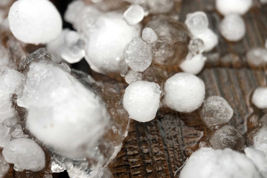 Close up of multiple pieces of hail of different sizes